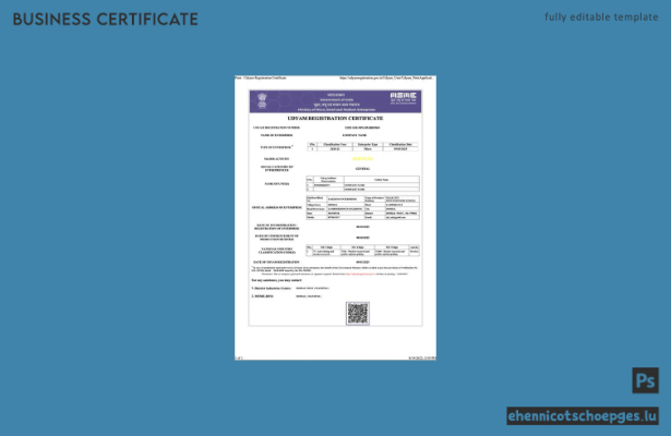 India Udyam Registrierungszertifikat (Word und PDF), Version 7 – Beispielvorschau